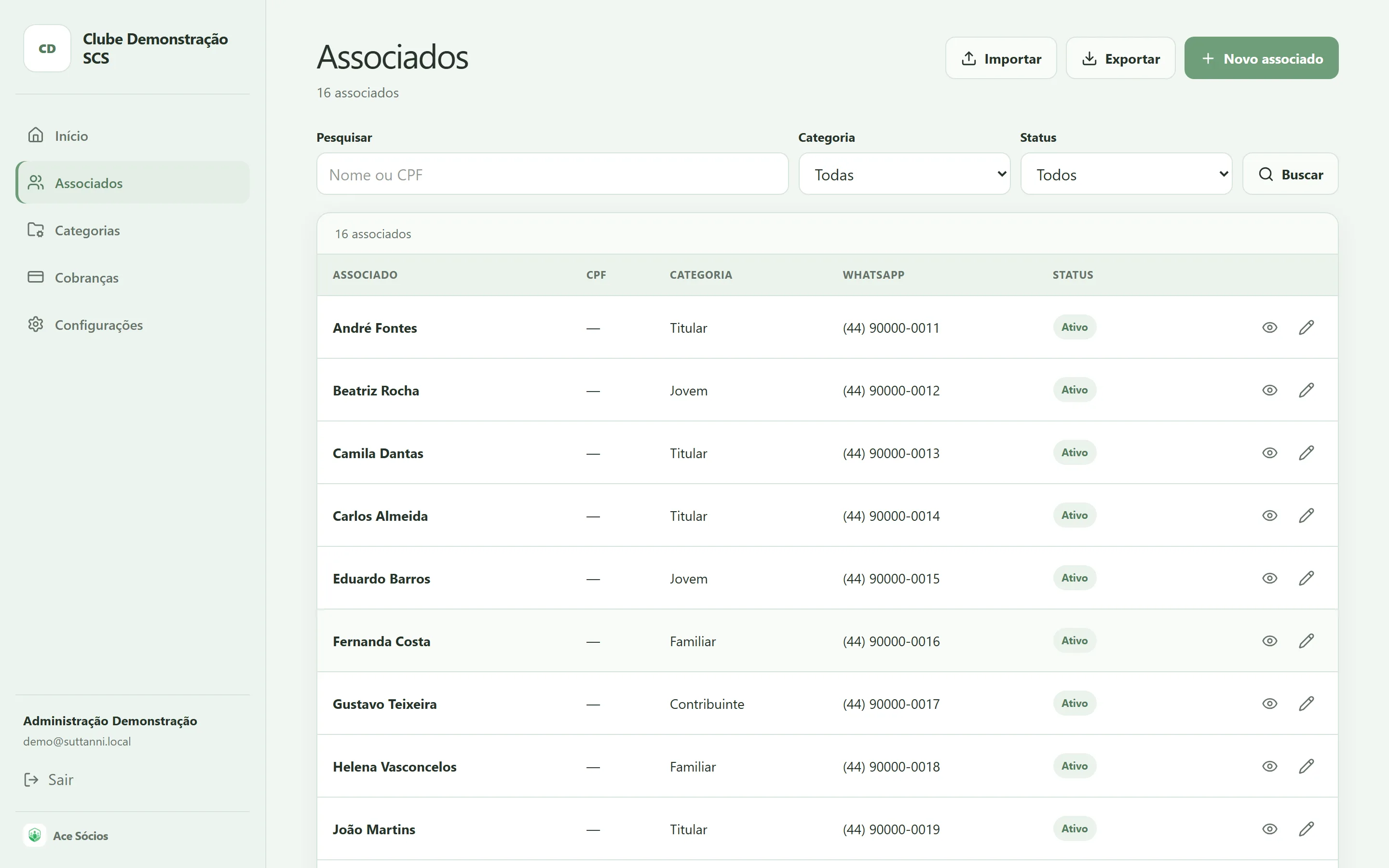 Lista de associados do Ace Sócios com busca por nome, filtros de categoria e status, e as colunas de categoria, WhatsApp e situação