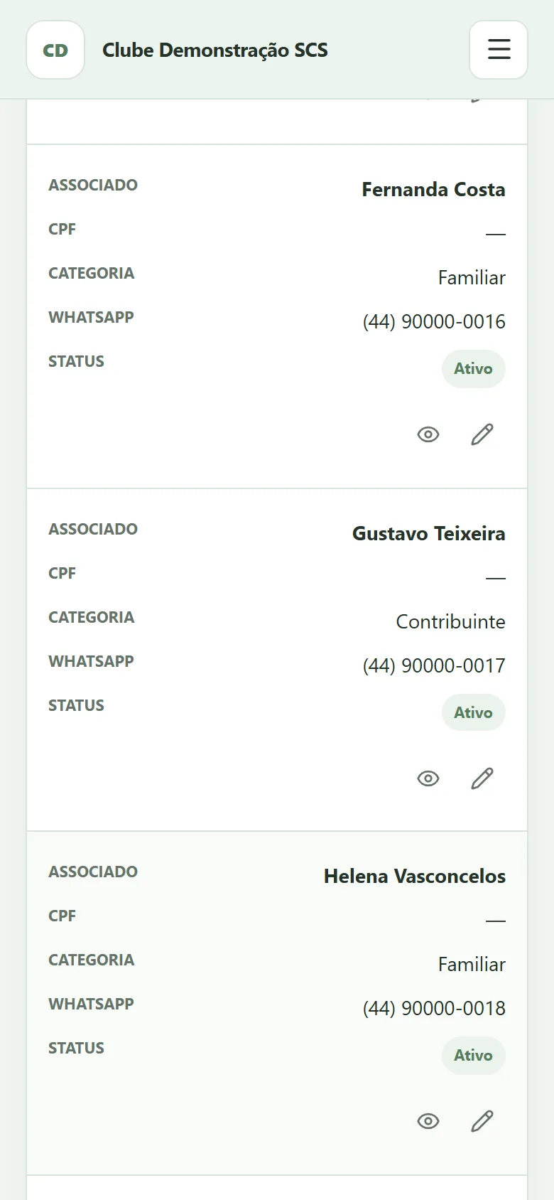 Lista de associados do Ace Sócios no celular