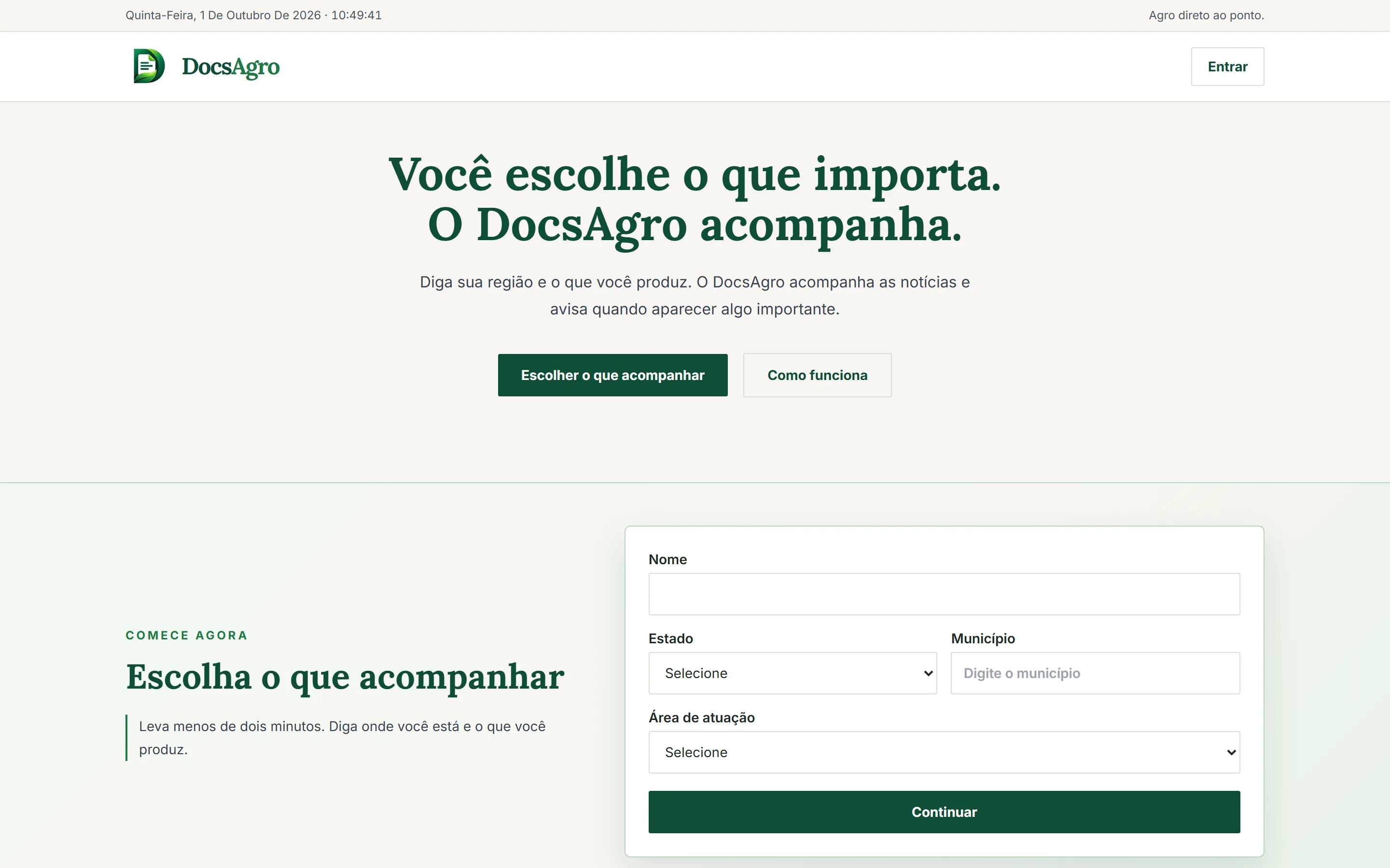Home do DocsAgro com o formulário em que o usuário informa estado, município e área de atuação para personalizar o acompanhamento