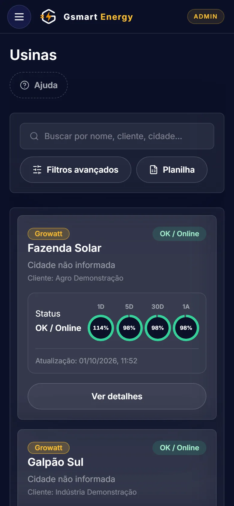 G Smart no celular com os cards das usinas, cada um mostrando situação e indicadores de desempenho