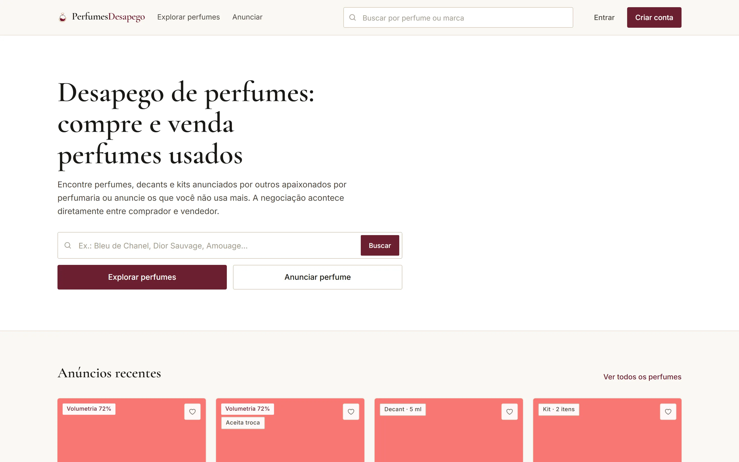 Home do PerfumesDesapego com campo de busca, chamadas para explorar e anunciar e os anúncios recentes