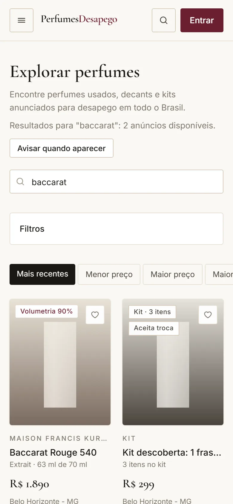 Resultados de busca de perfumes no celular